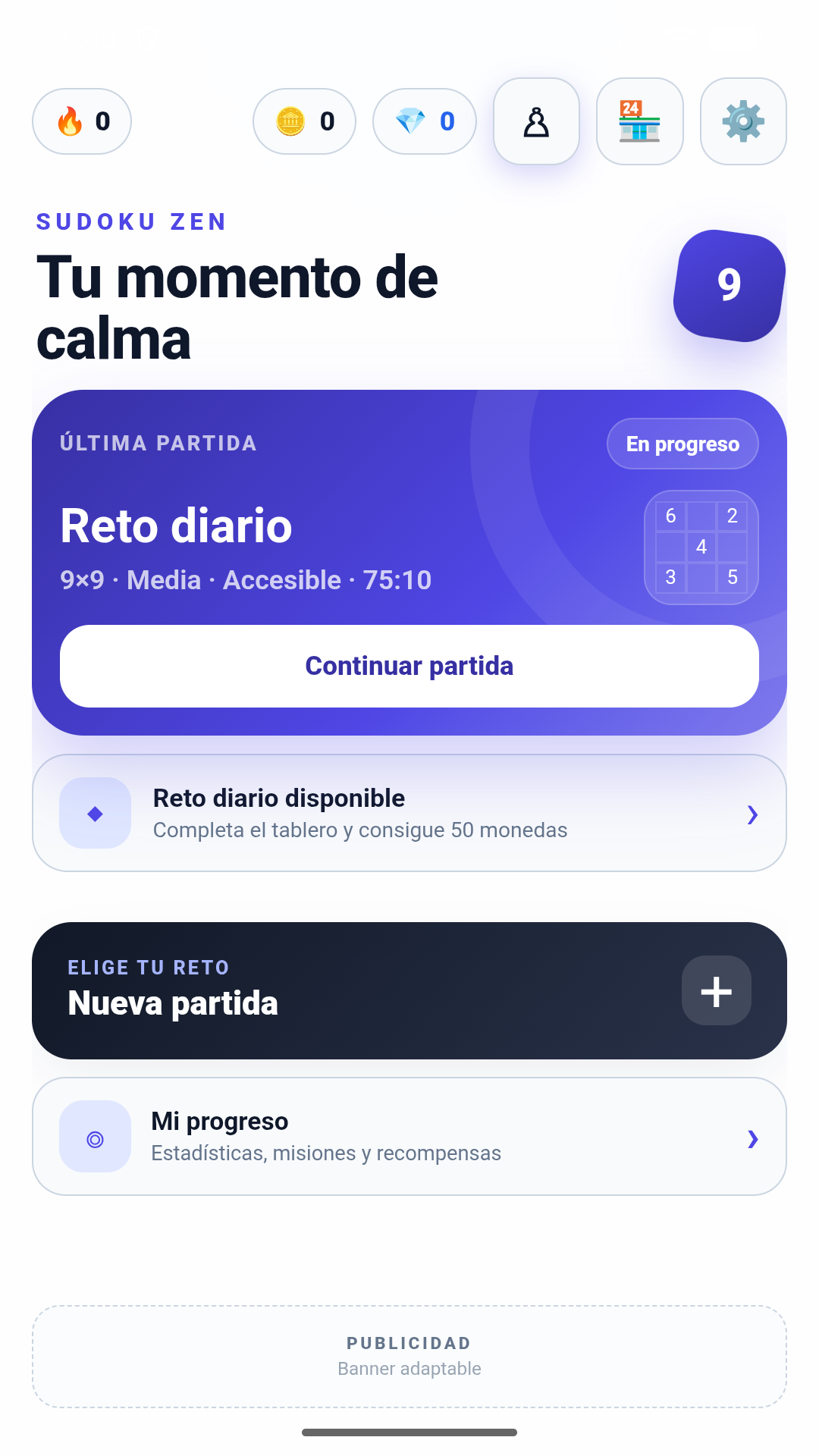 Pantalla de inicio de Sudoku Zen con acceso al reto diario y a una nueva partida