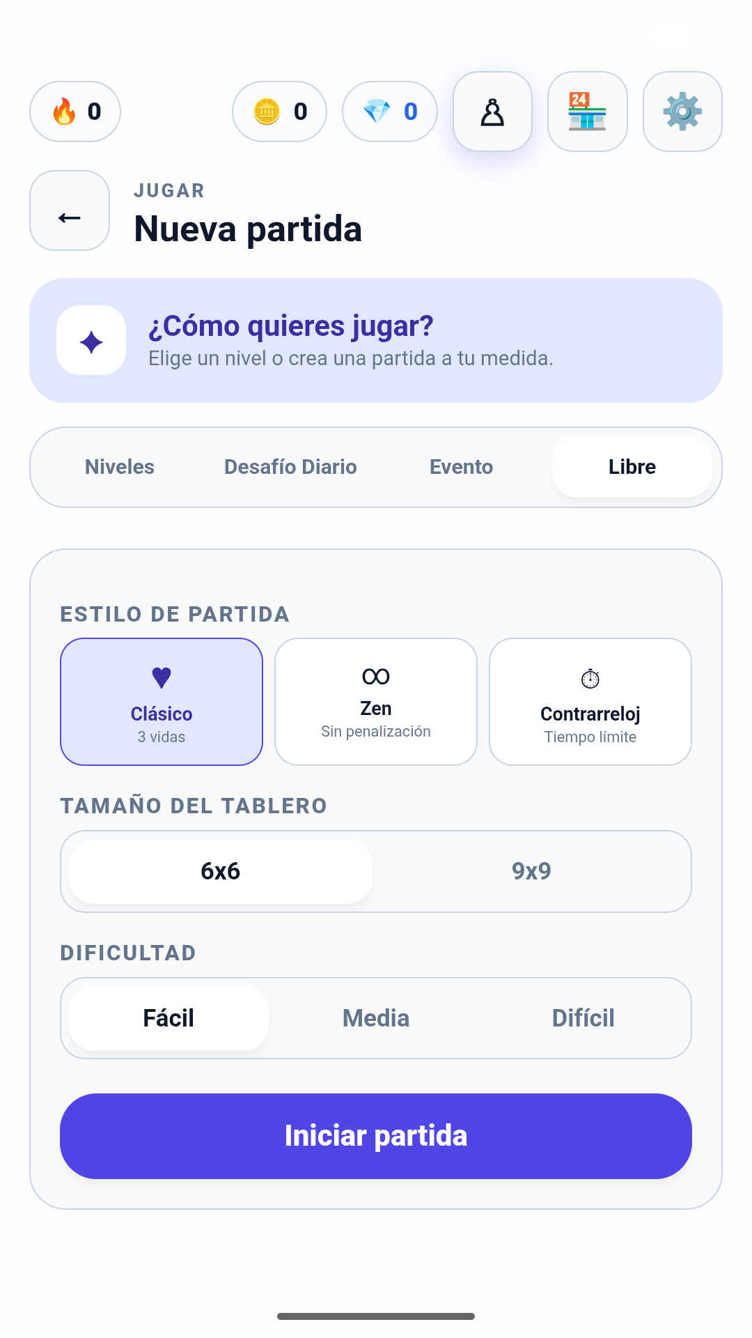 Selección de modos y dificultades de Sudoku Zen