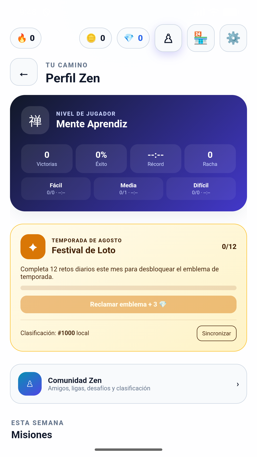 Pantalla de progreso y temporada